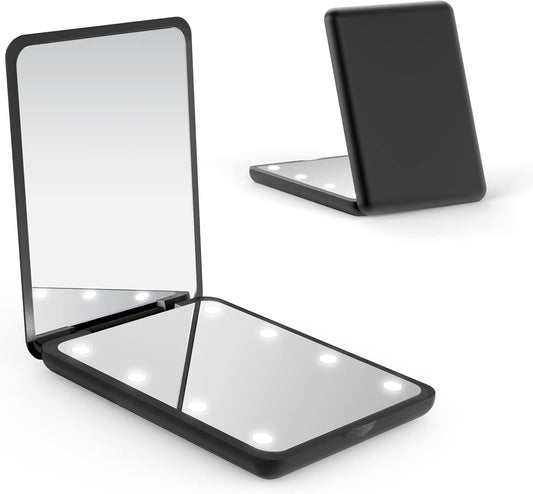 wobsion Small Mirror with Lights,LED Compact Makeup Mirror,1x/3x Mini Travel Mirror with Magnification,Portable Hand Held Mirror for Purse,Pocket,Gifts for Girls,Black