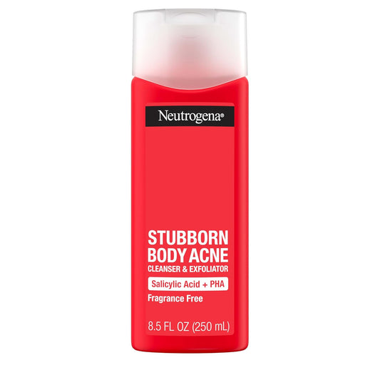 Neutrogena Salicylic Acid & PHA Stubborn Acne Body Wash, Exfoliating Cleanser Acne Treatment for Chest & Shoulder, Gently Clears, Exfoliates & Helps Prevent Breakouts, Fragrance Free, 8.5 Fl Oz