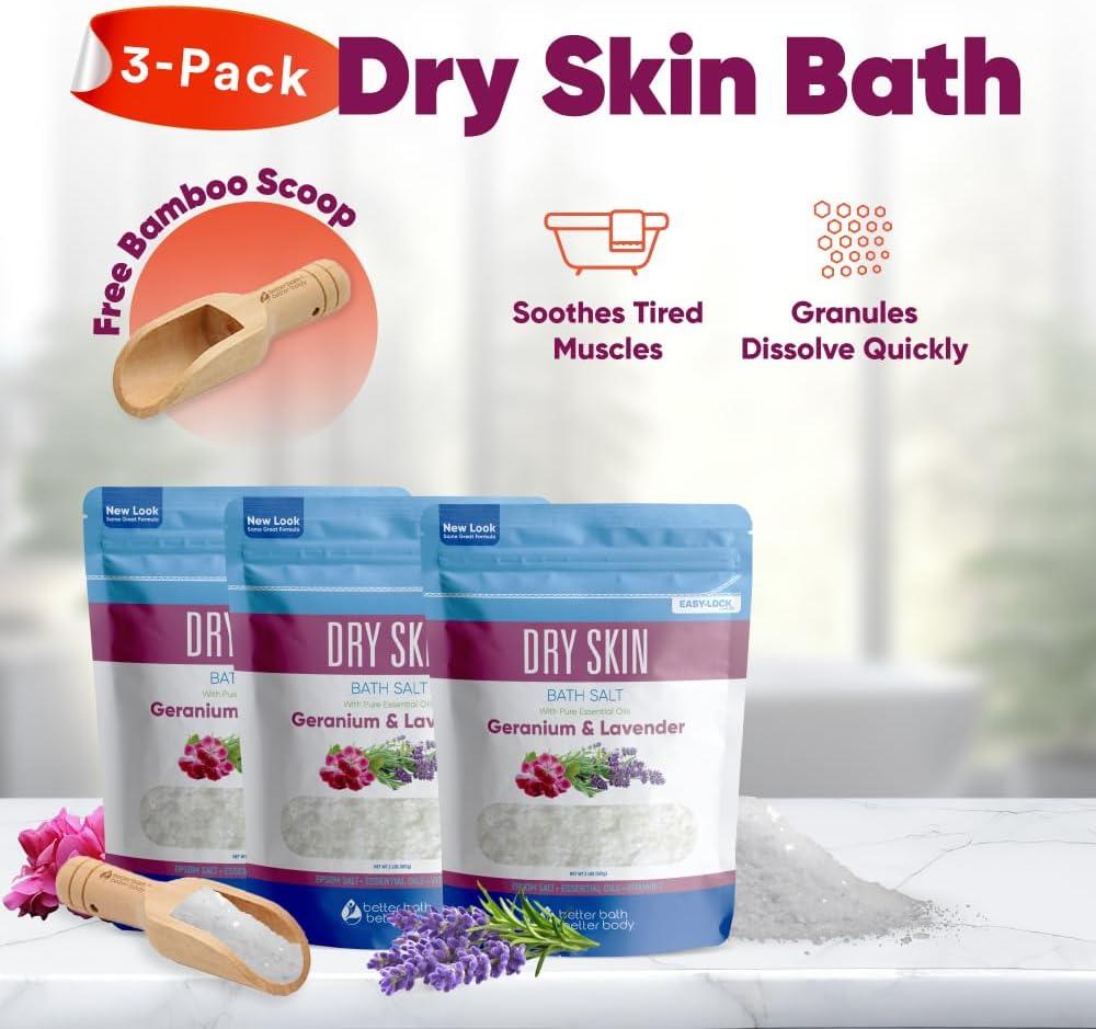 Dry Skin Bath Salt (3 Pack with Scoop) Skin Soothing Epsom Salt with Pure Essential Oils in BPA Free Pouch with Press Lock Seal Made in USA Three 2 Lbs Pouches 6 Lbs Total