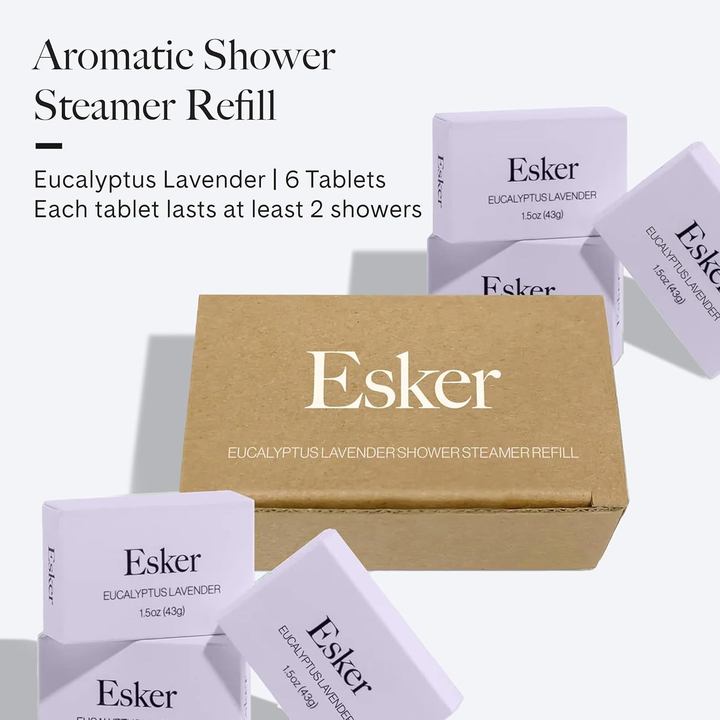 Esker - Aromatic Shower Steamer Refill Pack | Vegan, Cruelty-Free, Clean Beauty (6 Lavender Eucalyptus, NO Holder)