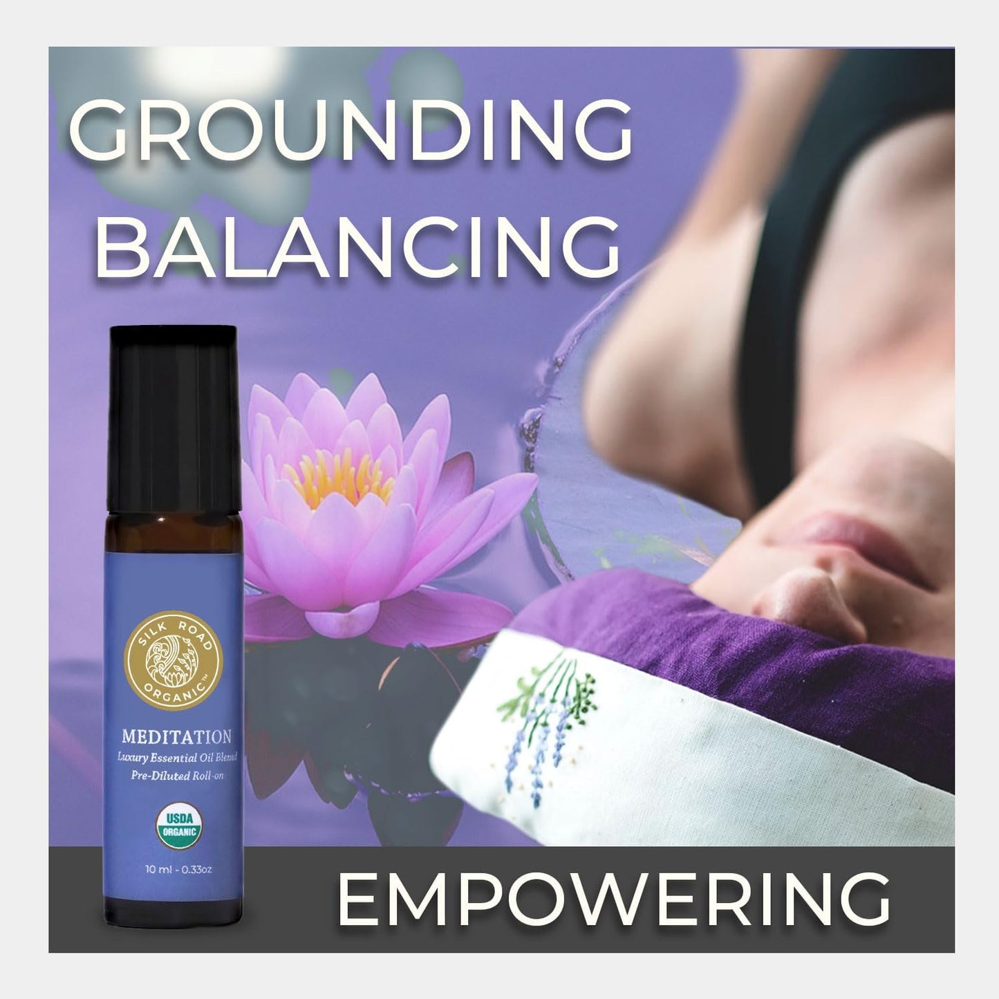 Silk Road Organic Meditation Essential Oil Empowering Blend Roll On,100% Pure USDA Certified Aromatherapy for Chakra Healing, Focus, Calming, Mindfulness & Spiritual Well-Being - 10ml Roller